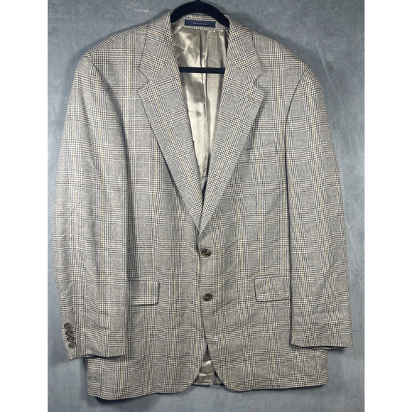 Chaps‎ Ralph Lauren Sport Coat Mens Tan Glen Plaid Silk Wool Linen Sz 44L Tall - Picture 1 of 7